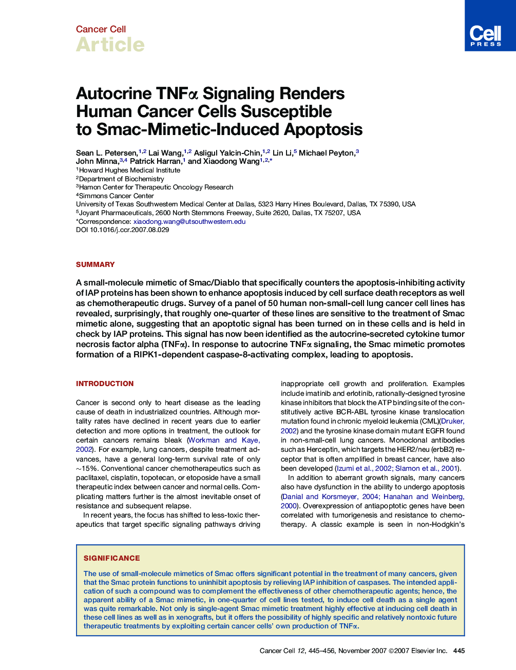 Autocrine TNFα Signaling Renders Human Cancer Cells Susceptible to Smac-Mimetic-Induced Apoptosis
