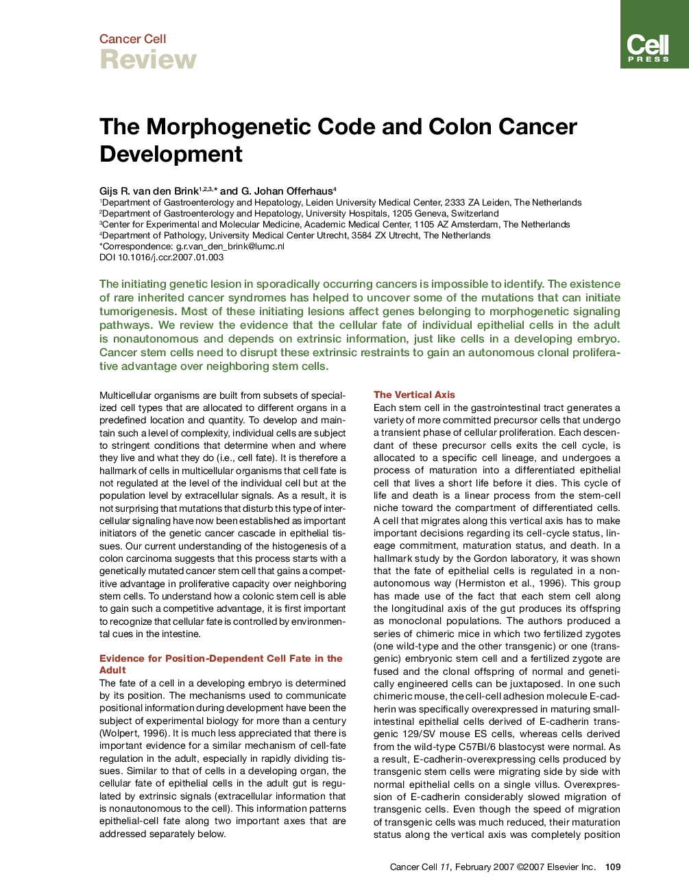 The Morphogenetic Code and Colon Cancer Development
