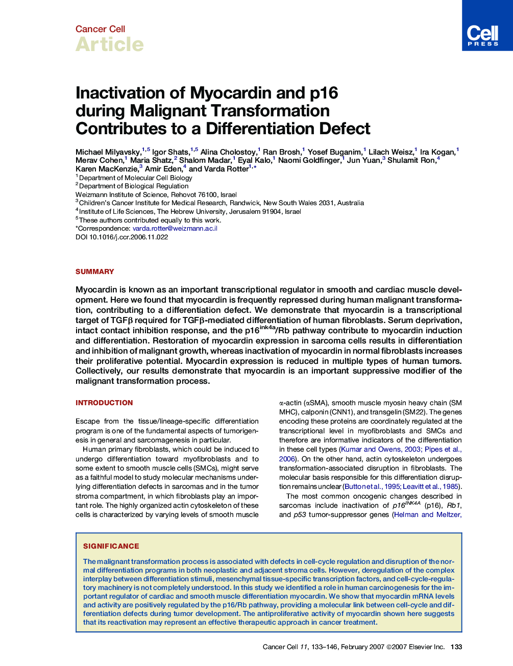 عکس صفحه اول مقاله: Inactivation of Myocardin and p16 during Malignant Transformation Contributes to a Differentiation Defect Inactivation of Myocardin and p16 during Malignant Transformation Contributes to a Differentiation Defect
