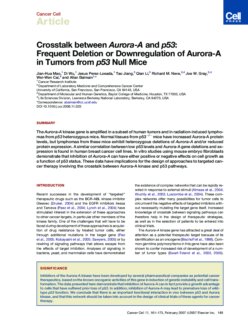 Crosstalk between Aurora-A and p53: Frequent Deletion or Downregulation of Aurora-A in Tumors from p53 Null Mice