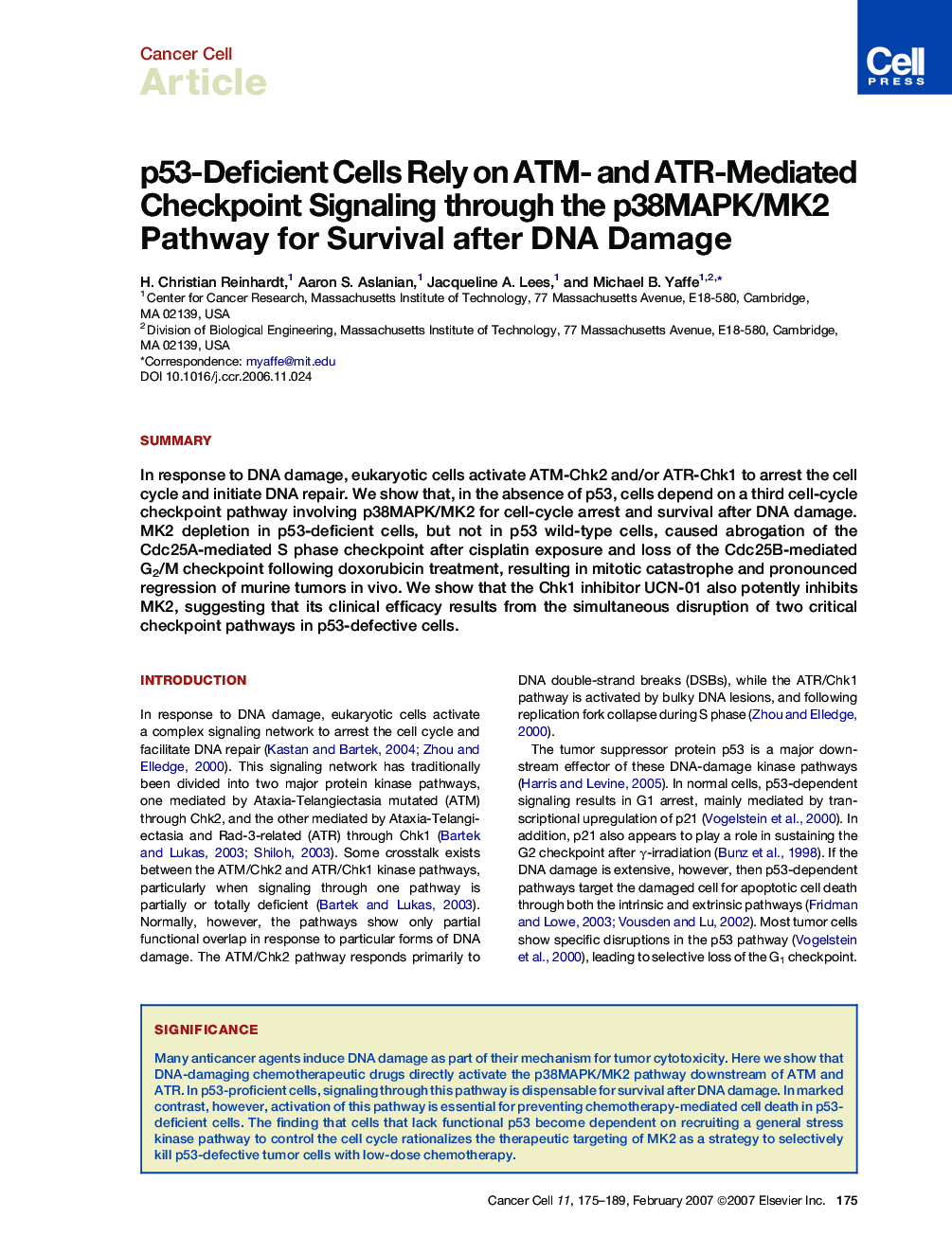 p53-Deficient Cells Rely on ATM- and ATR-Mediated Checkpoint Signaling through the p38MAPK/MK2 Pathway for Survival after DNA Damage