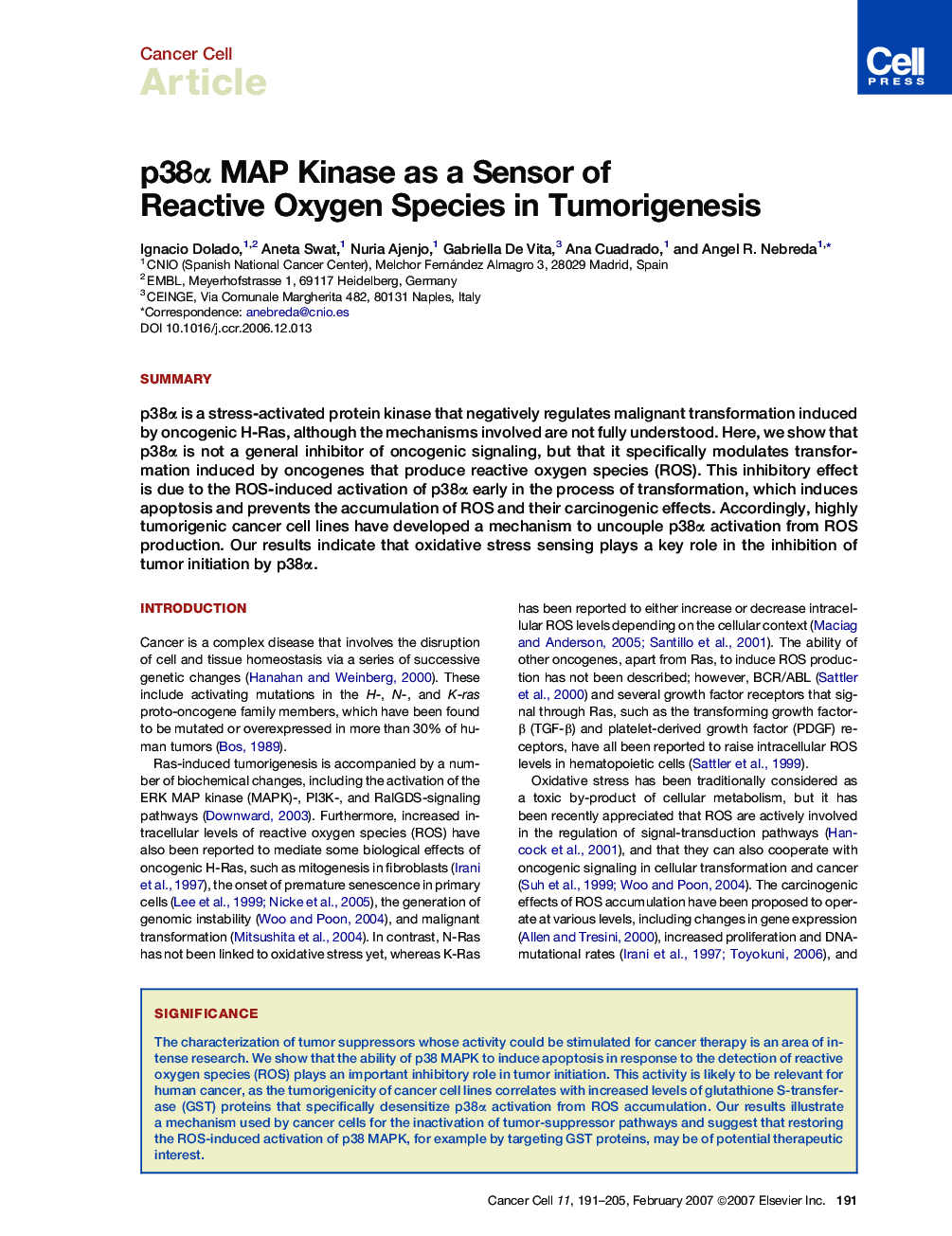 p38α MAP Kinase as a Sensor of Reactive Oxygen Species in Tumorigenesis