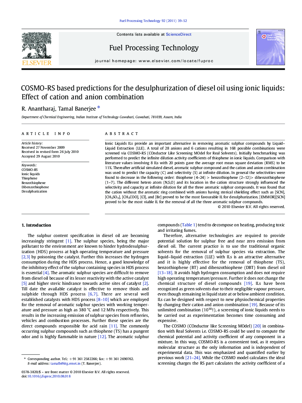 COSMO-RS based predictions for the desulphurization of diesel oil using ionic liquids: Effect of cation and anion combination