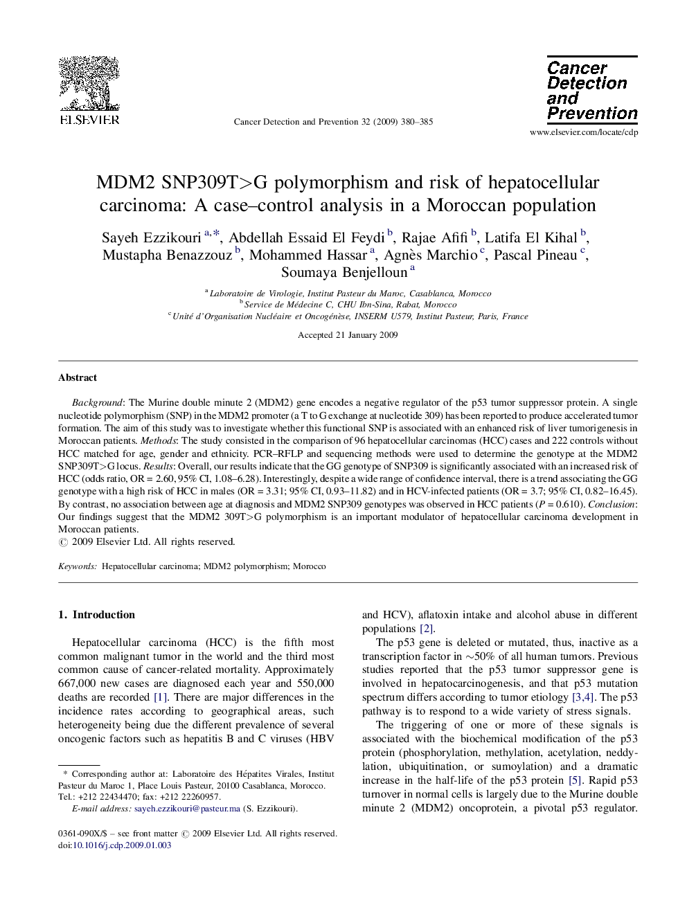 MDM2 SNP309T>G polymorphism and risk of hepatocellular carcinoma: A case–control analysis in a Moroccan population