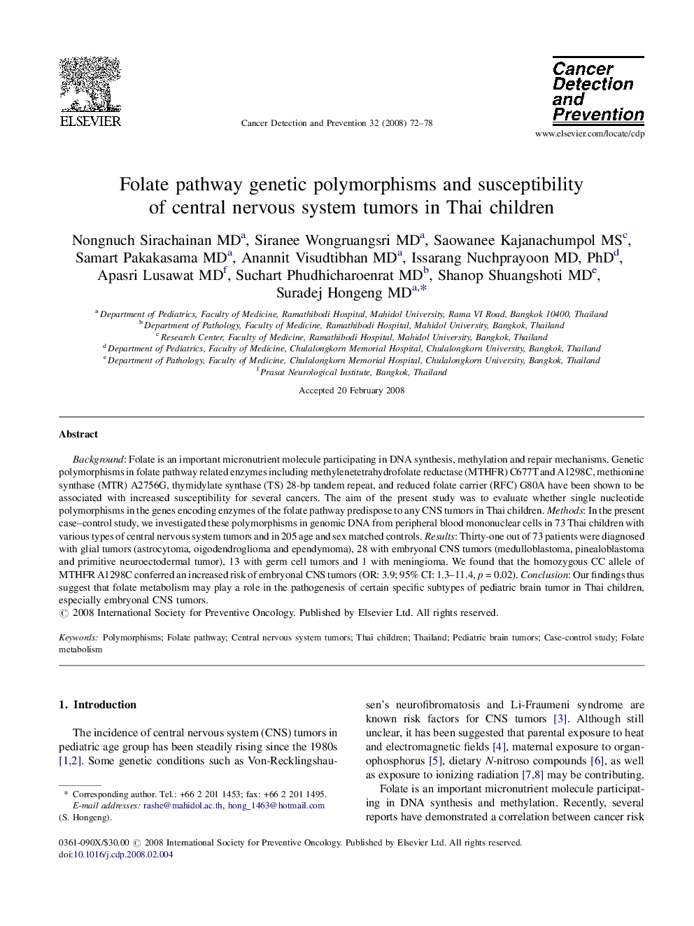 Folate pathway genetic polymorphisms and susceptibility of central nervous system tumors in Thai children