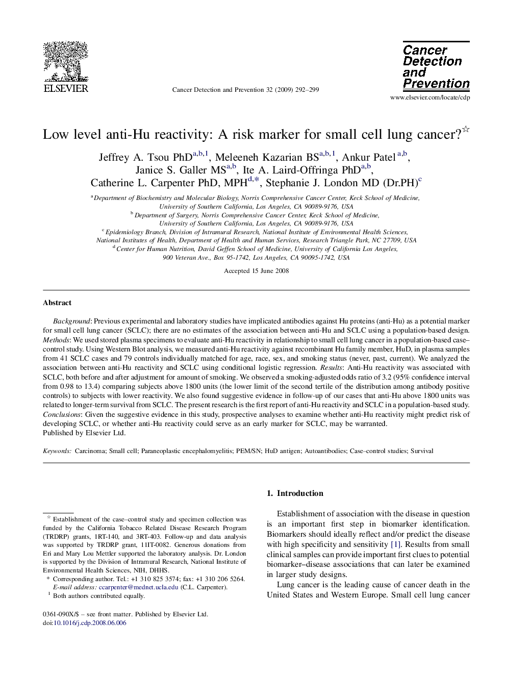 Low level anti-Hu reactivity: A risk marker for small cell lung cancer? 