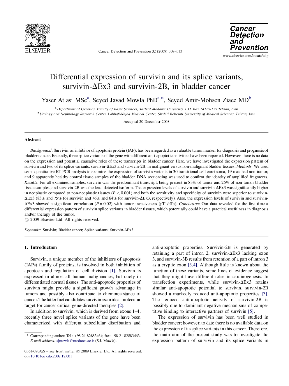 Differential expression of survivin and its splice variants, survivin-ΔEx3 and survivin-2B, in bladder cancer