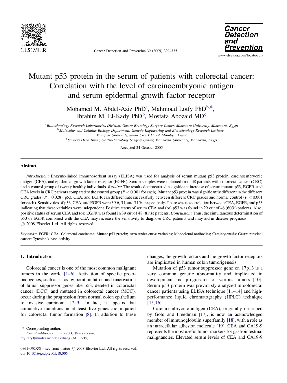 Mutant p53 protein in the serum of patients with colorectal cancer: Correlation with the level of carcinoembryonic antigen and serum epidermal growth factor receptor