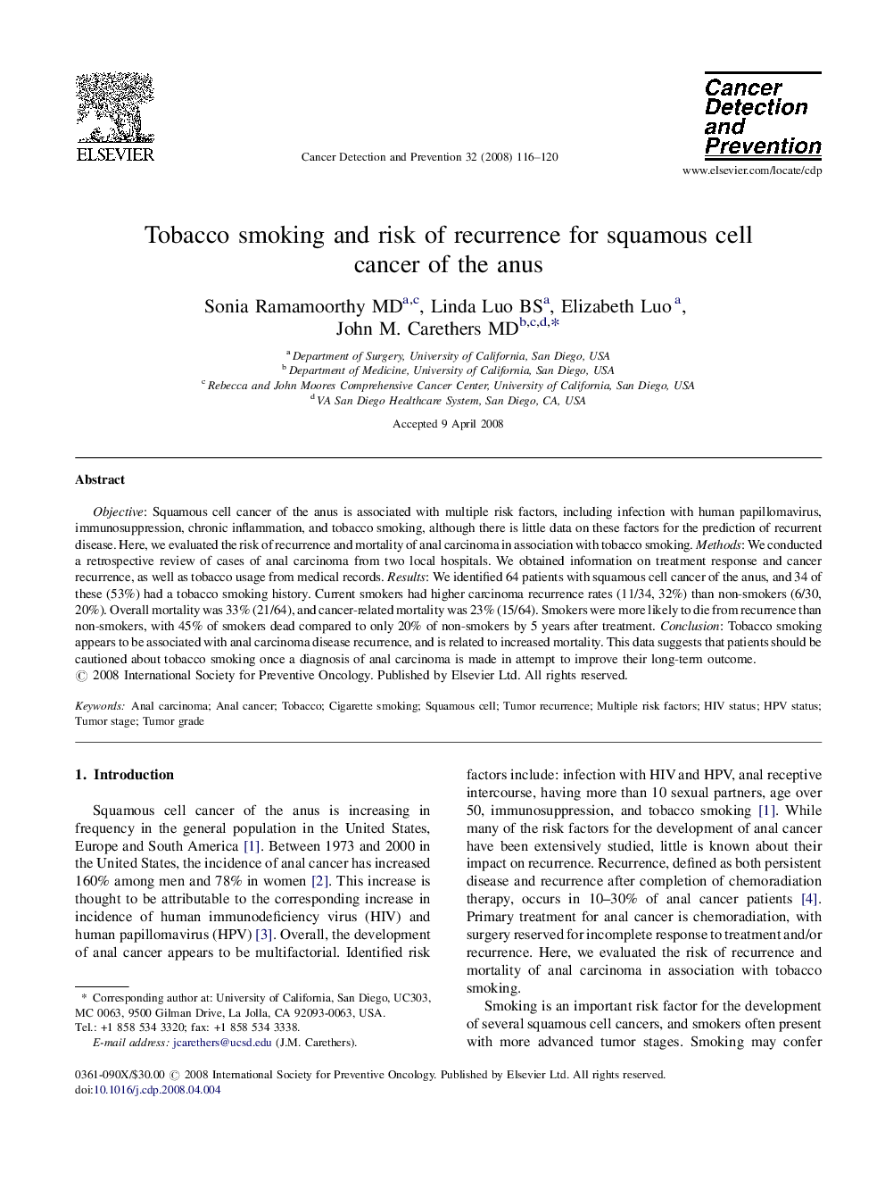 Tobacco smoking and risk of recurrence for squamous cell cancer of the anus