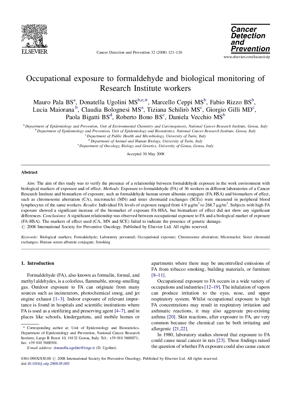 Occupational exposure to formaldehyde and biological monitoring of Research Institute workers