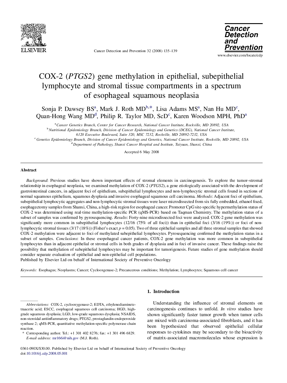 COX-2 (PTGS2) gene methylation in epithelial, subepithelial lymphocyte and stromal tissue compartments in a spectrum of esophageal squamous neoplasia