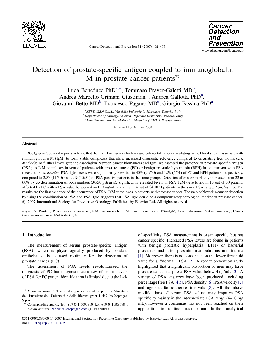 Detection of prostate-specific antigen coupled to immunoglobulin M in prostate cancer patients