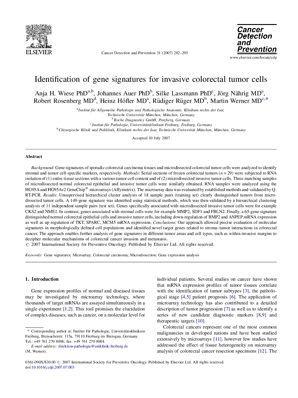 Identification of gene signatures for invasive colorectal tumor cells