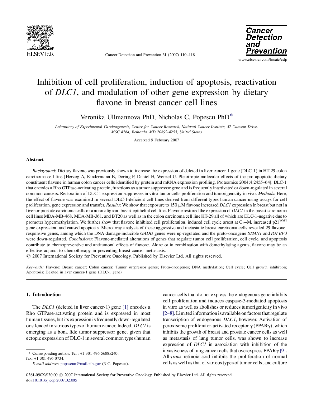 Inhibition of cell proliferation, induction of apoptosis, reactivation of DLC1, and modulation of other gene expression by dietary flavone in breast cancer cell lines