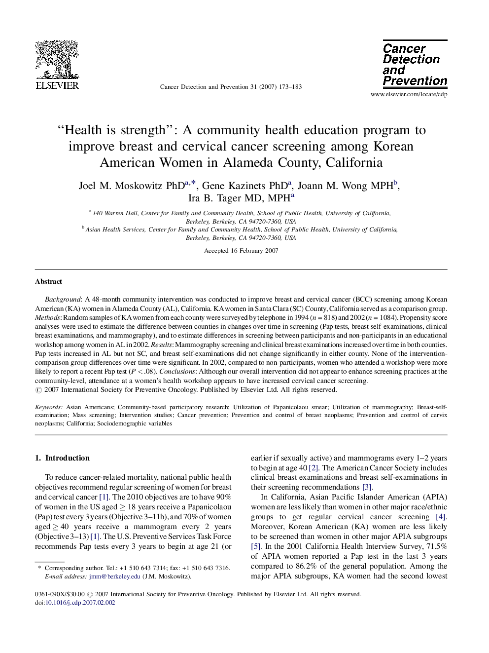 “Health is strength”: A community health education program to improve breast and cervical cancer screening among Korean American Women in Alameda County, California