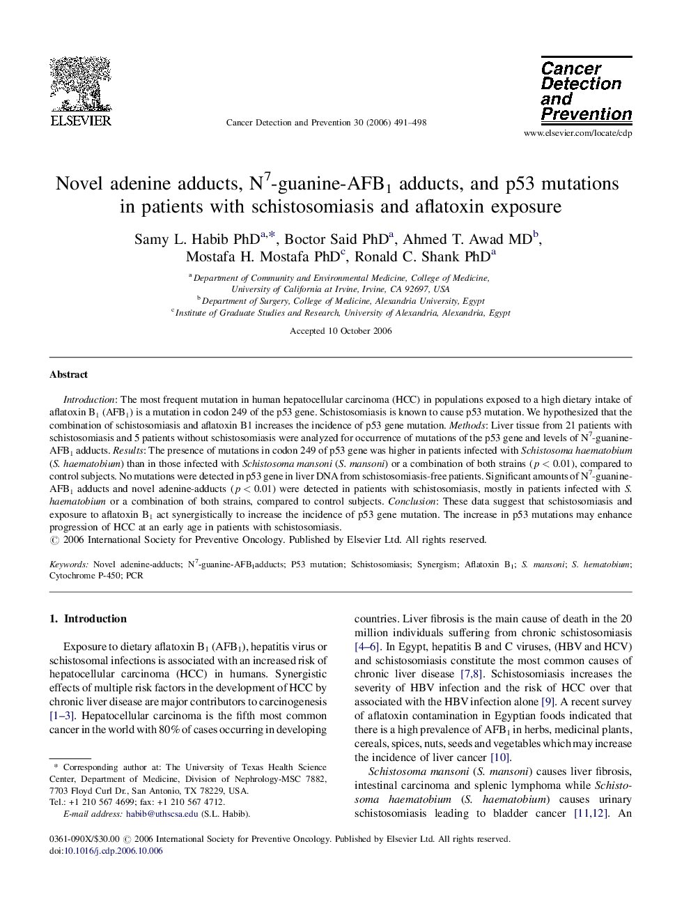 Novel adenine adducts, N7-guanine-AFB1 adducts, and p53 mutations in patients with schistosomiasis and aflatoxin exposure