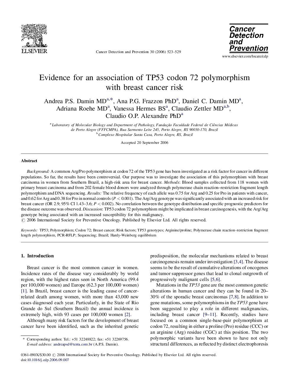 Evidence for an association of TP53 codon 72 polymorphism with breast cancer risk