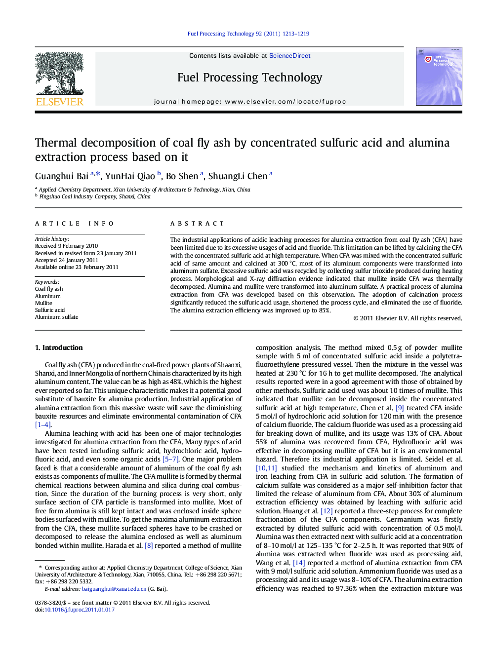 Thermal decomposition of coal fly ash by concentrated sulfuric acid and alumina extraction process based on it