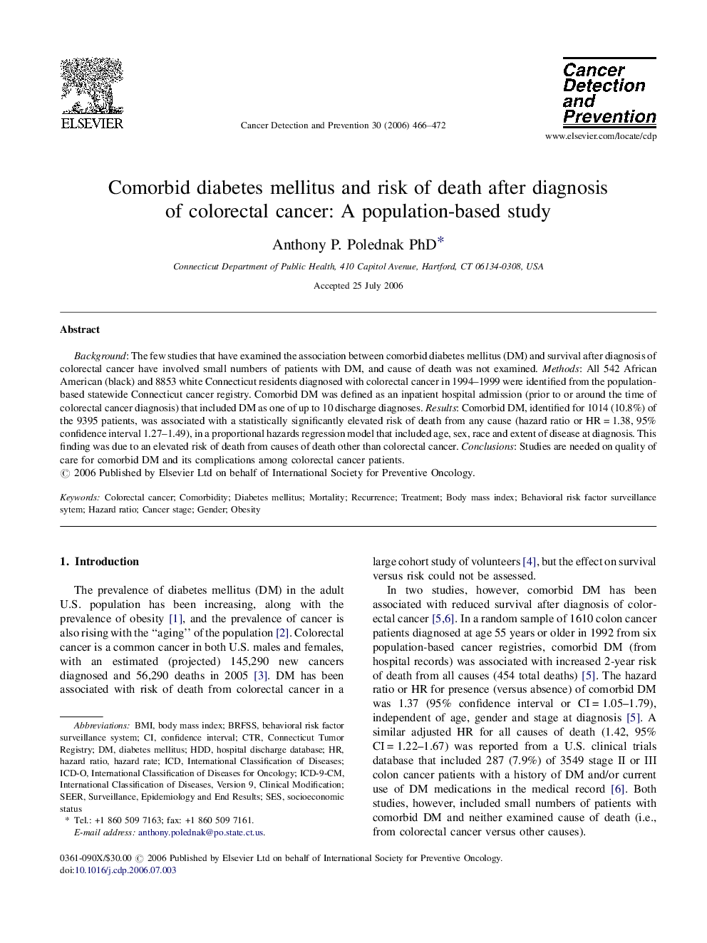 Comorbid diabetes mellitus and risk of death after diagnosis of colorectal cancer: A population-based study