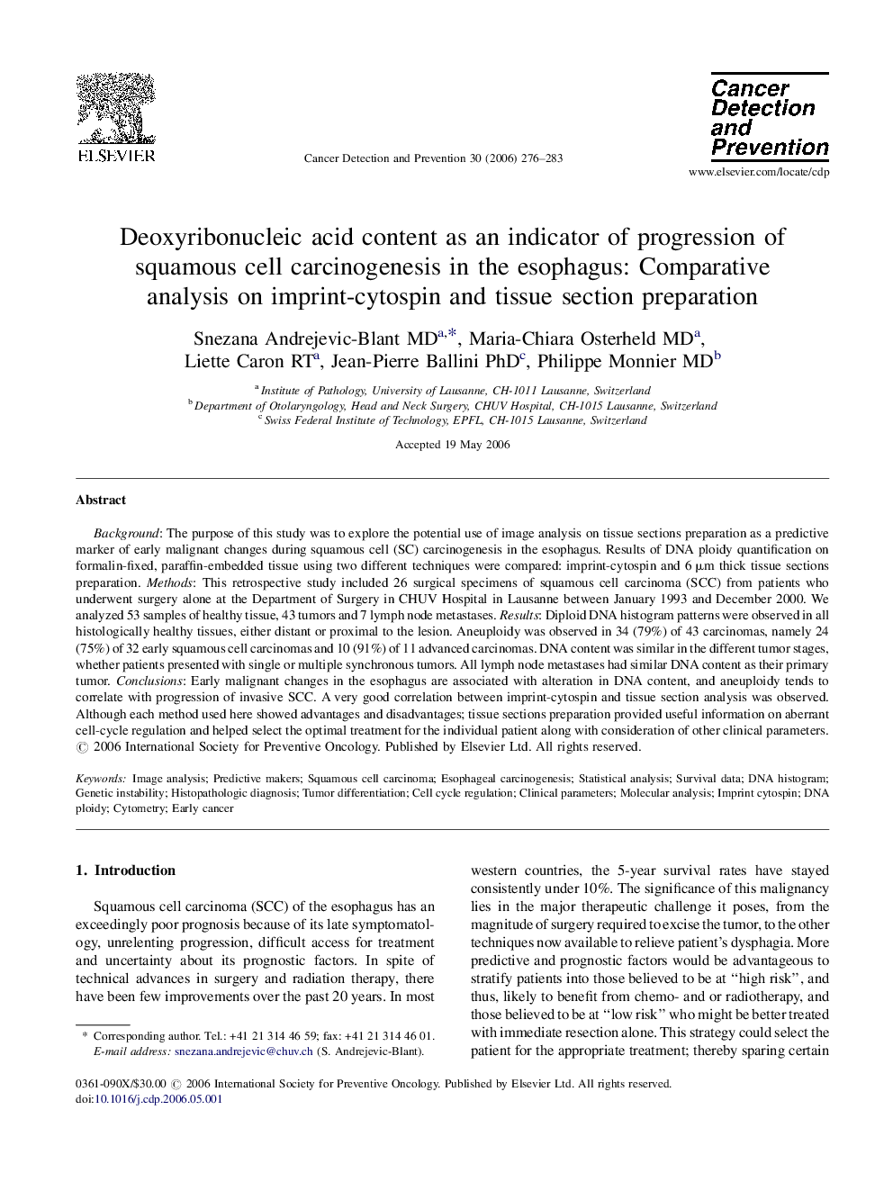 Deoxyribonucleic acid content as an indicator of progression of squamous cell carcinogenesis in the esophagus: Comparative analysis on imprint-cytospin and tissue section preparation