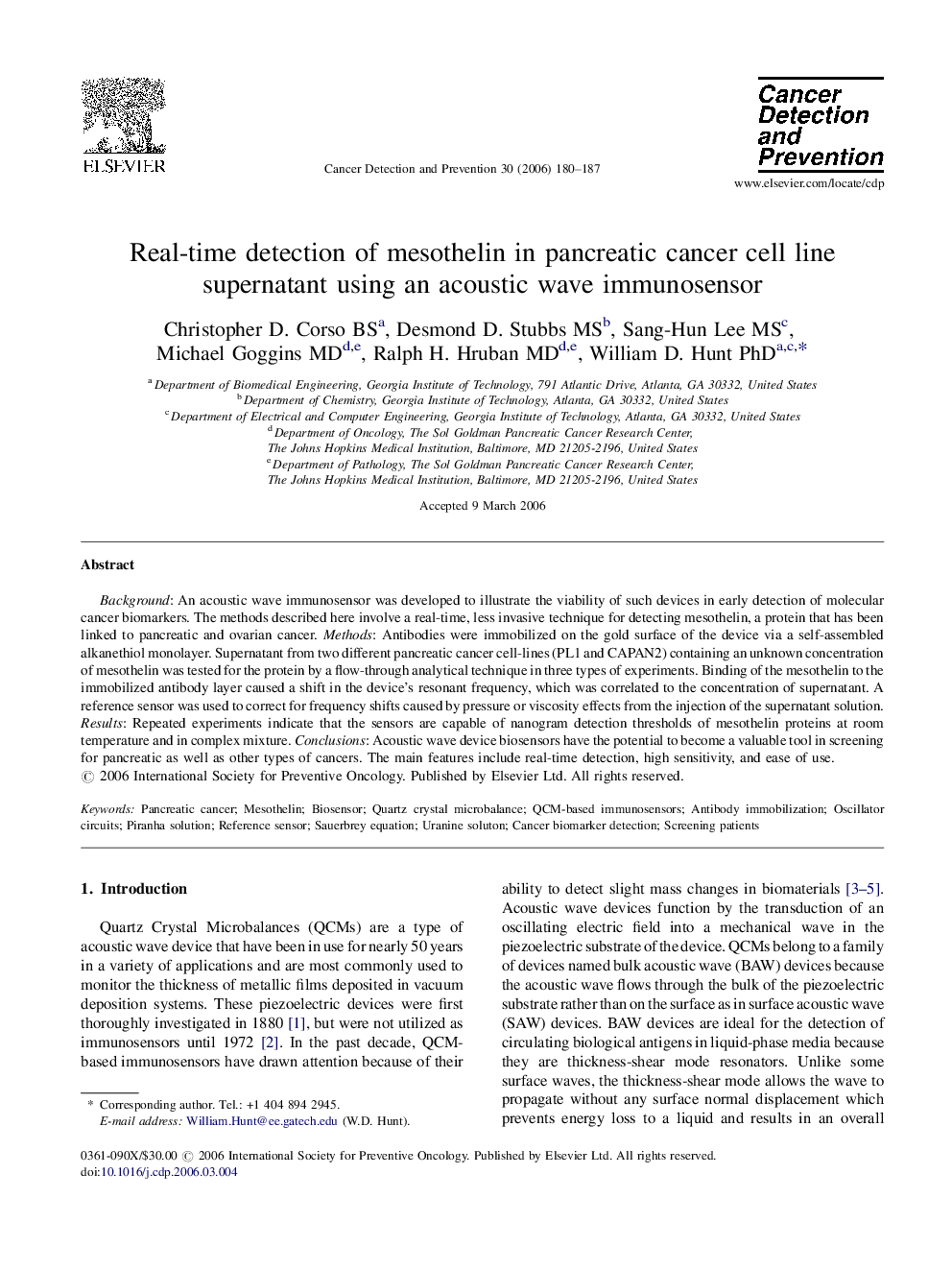 Real-time detection of mesothelin in pancreatic cancer cell line supernatant using an acoustic wave immunosensor