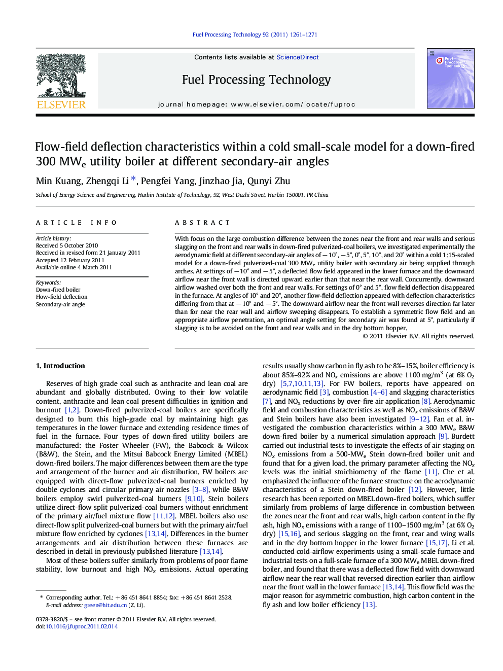 Flow-field deflection characteristics within a cold small-scale model for a down-fired 300 MWe utility boiler at different secondary-air angles