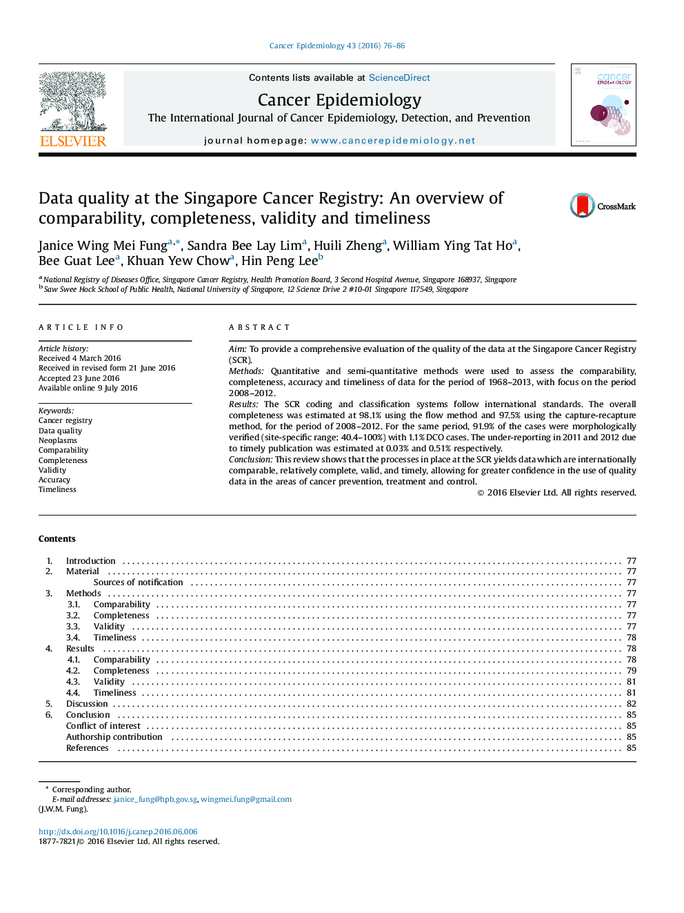 Data quality at the Singapore Cancer Registry: An overview of comparability, completeness, validity and timeliness