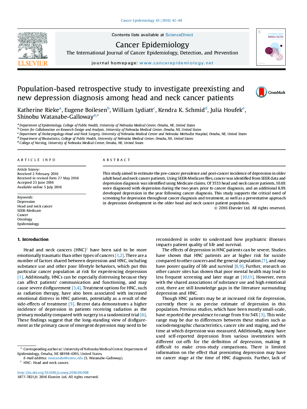 Population-based retrospective study to investigate preexisting and new depression diagnosis among head and neck cancer patients