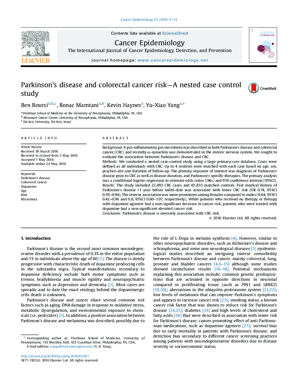 Parkinson’s disease and colorectal cancer risk—A nested case control study
