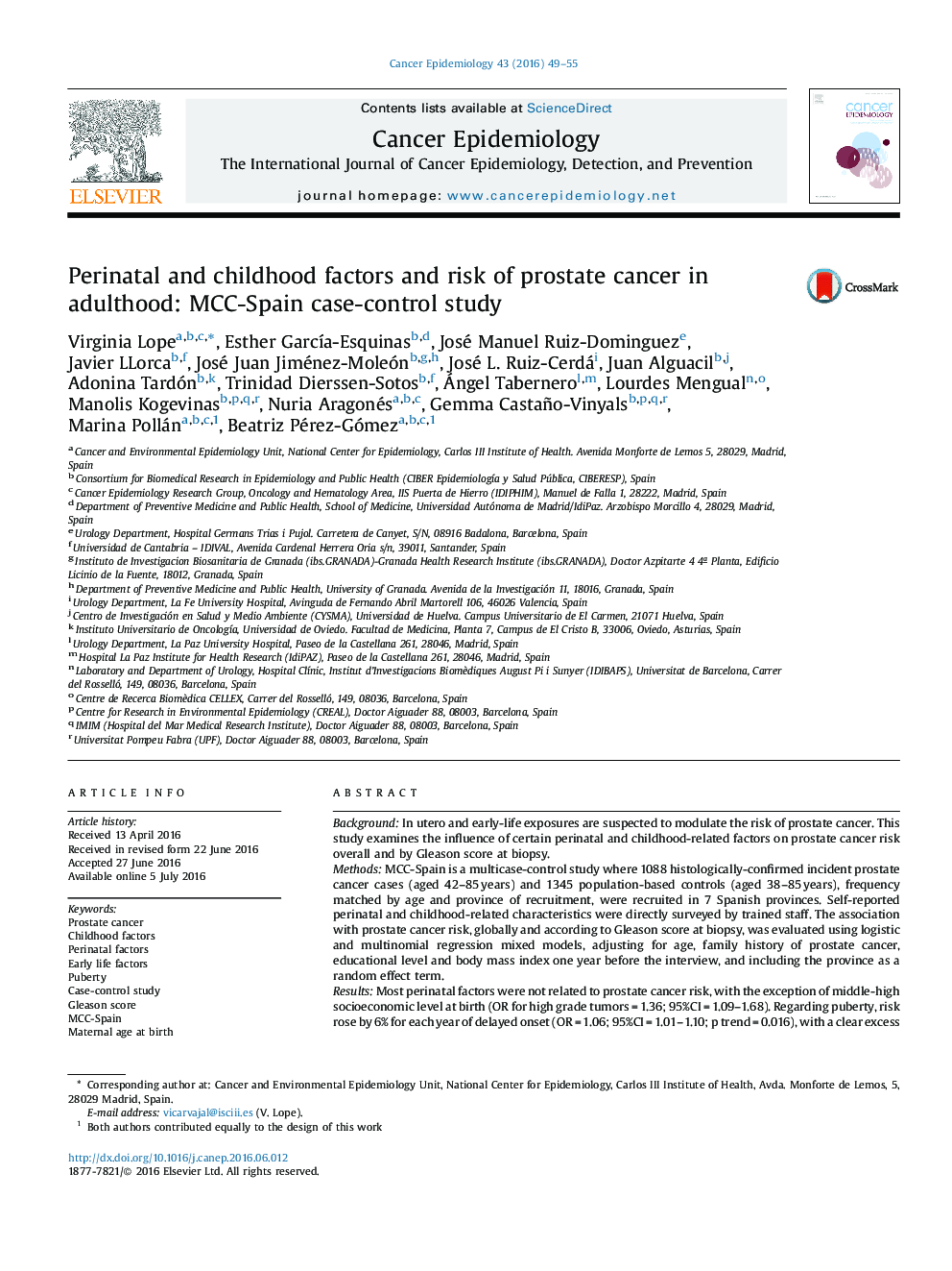 Perinatal and childhood factors and risk of prostate cancer in adulthood: MCC-Spain case-control study