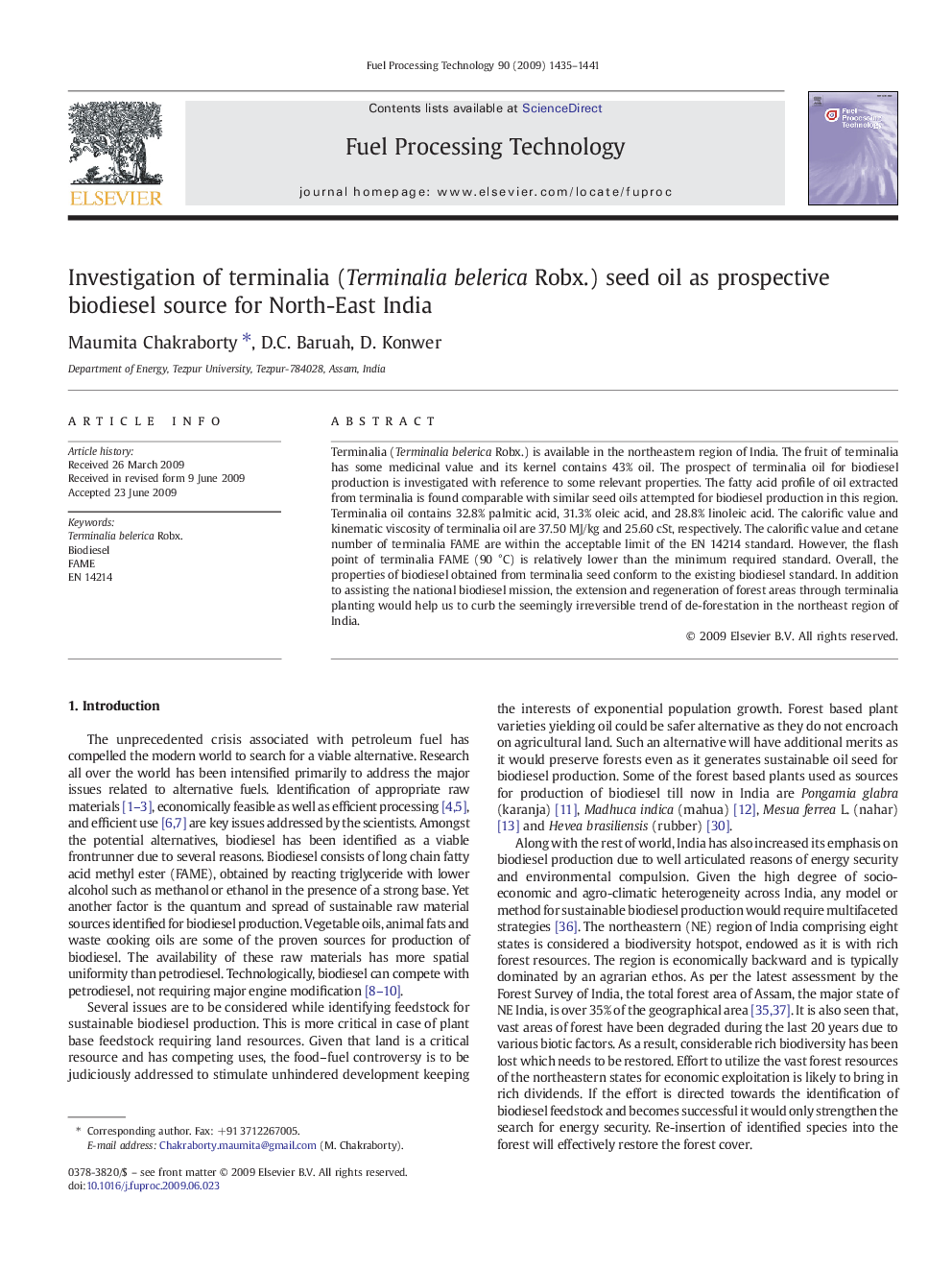 Investigation of terminalia (Terminalia belerica Robx.) seed oil as prospective biodiesel source for North-East India