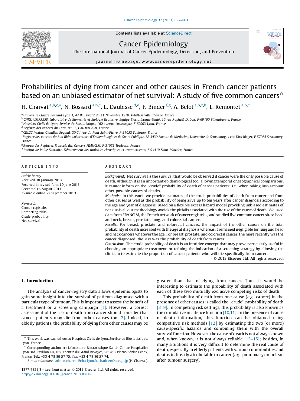 Probabilities of dying from cancer and other causes in French cancer patients based on an unbiased estimator of net survival: A study of five common cancers 