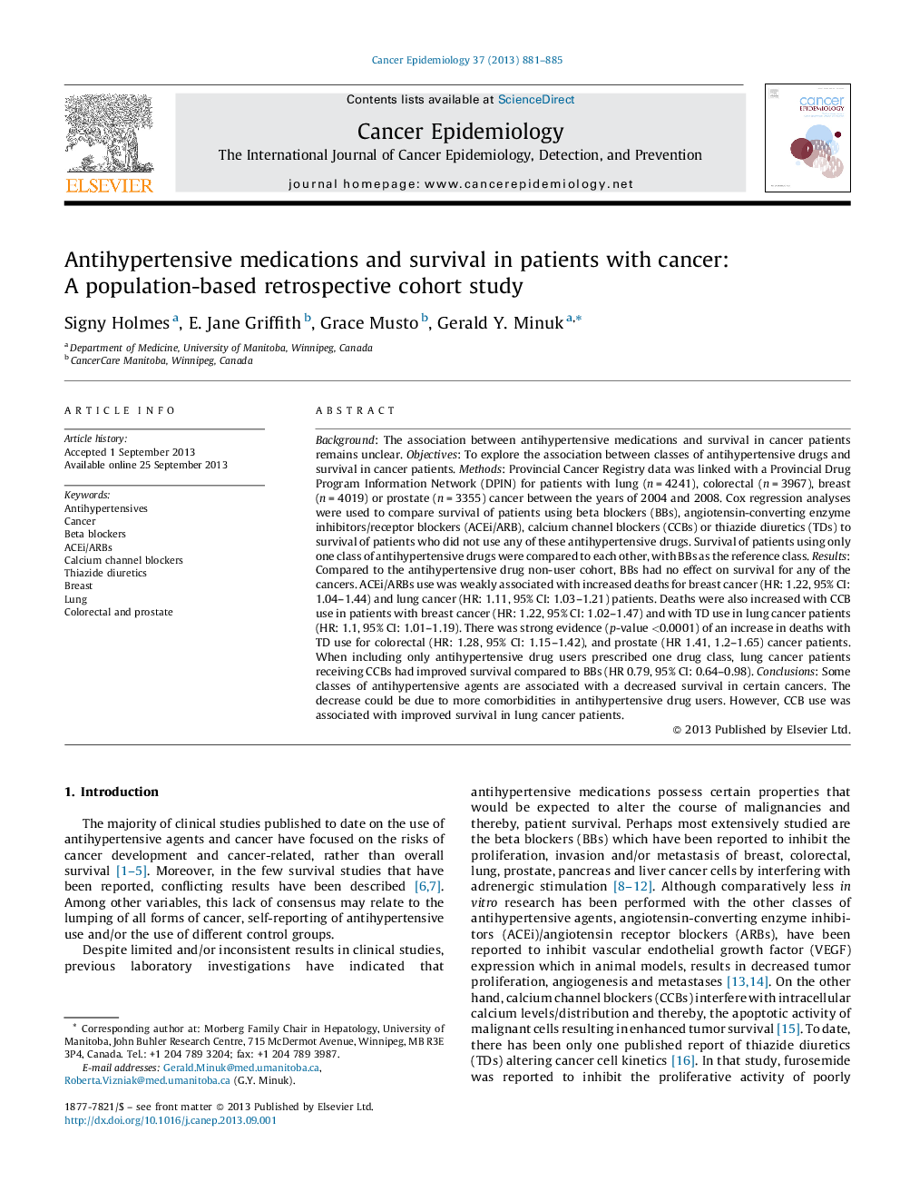 Antihypertensive medications and survival in patients with cancer: A population-based retrospective cohort study