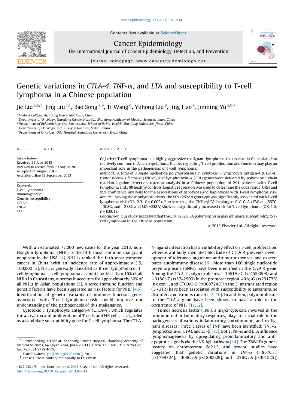 Genetic variations in CTLA-4, TNF-α, and LTA and susceptibility to T-cell lymphoma in a Chinese population