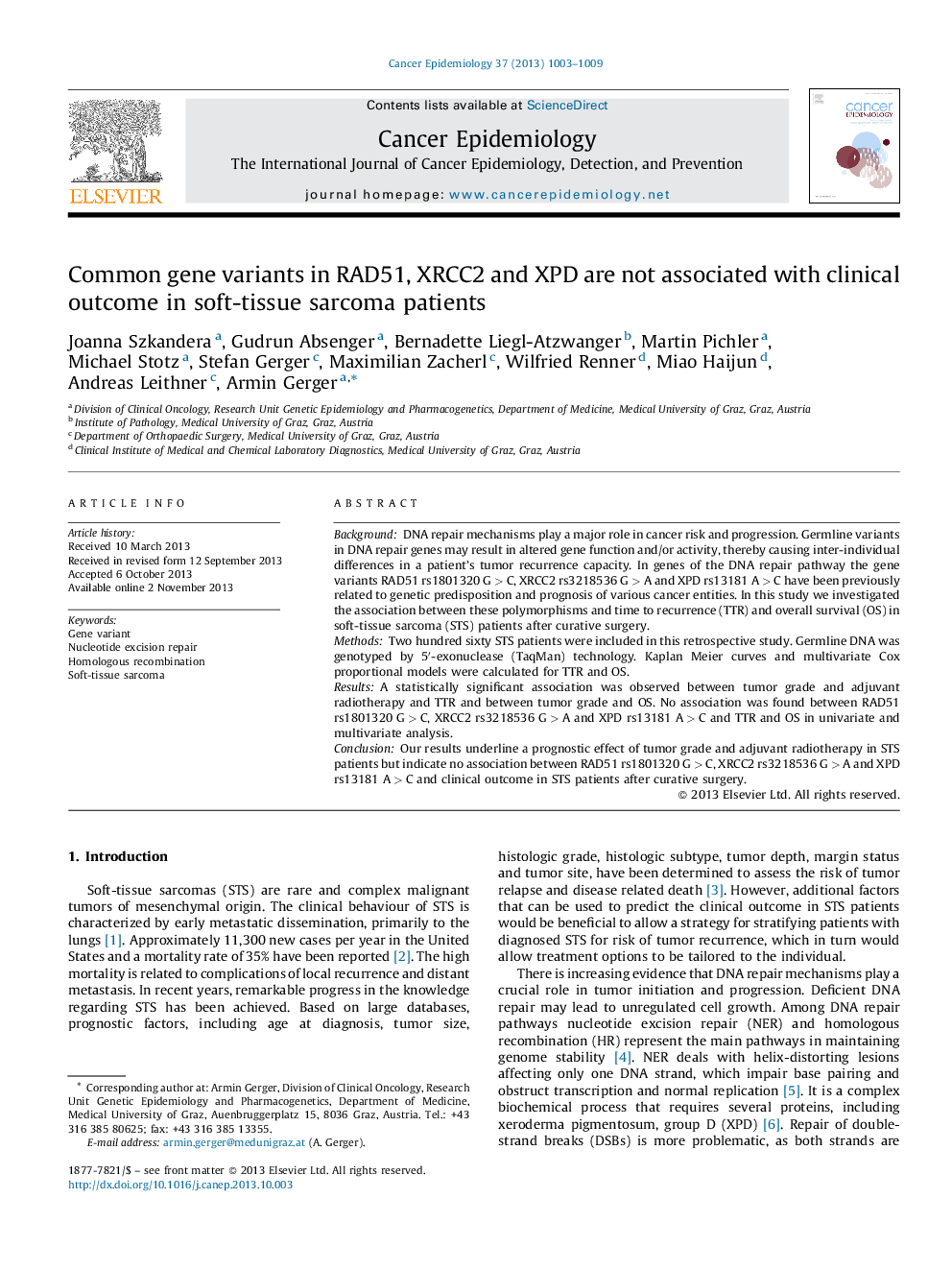 Common gene variants in RAD51, XRCC2 and XPD are not associated with clinical outcome in soft-tissue sarcoma patients