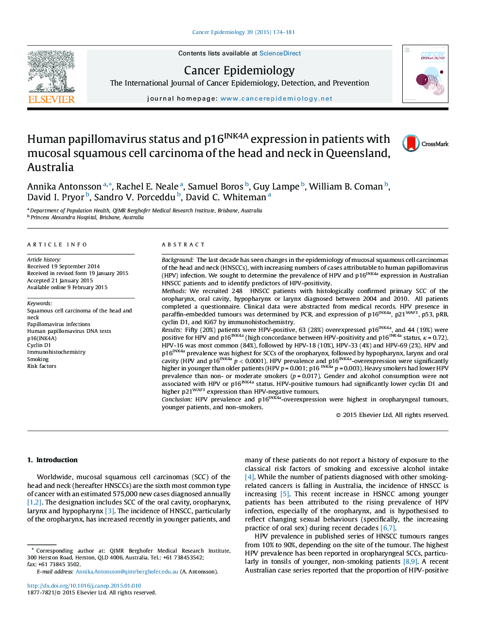 Human papillomavirus status and p16INK4A expression in patients with mucosal squamous cell carcinoma of the head and neck in Queensland, Australia