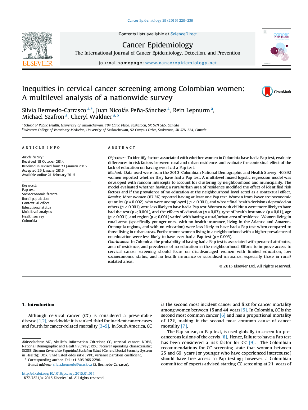 Inequities in cervical cancer screening among Colombian women: A multilevel analysis of a nationwide survey