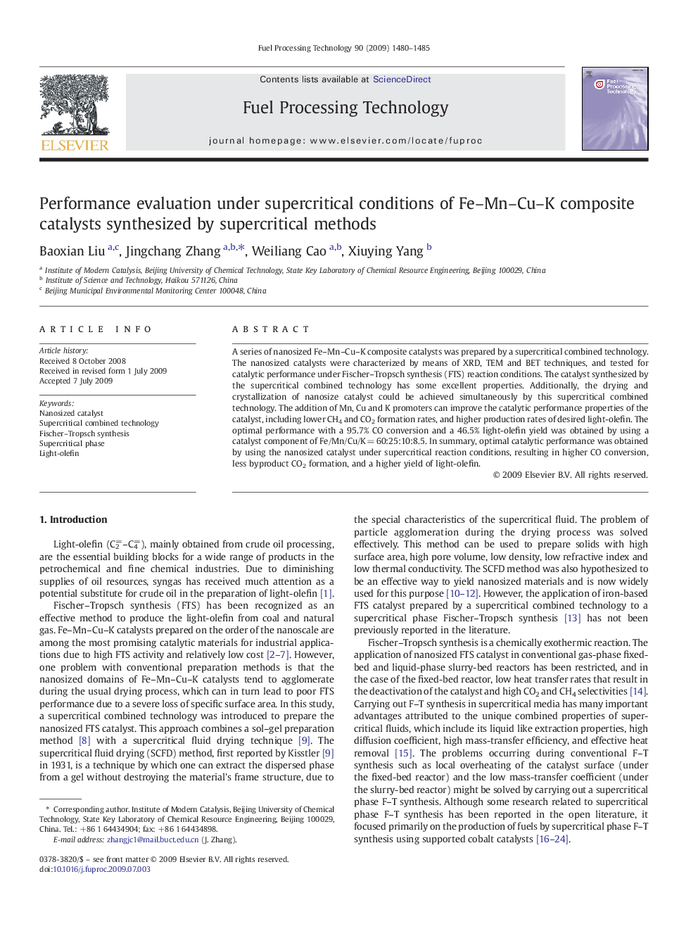 Performance evaluation under supercritical conditions of Fe–Mn–Cu–K composite catalysts synthesized by supercritical methods