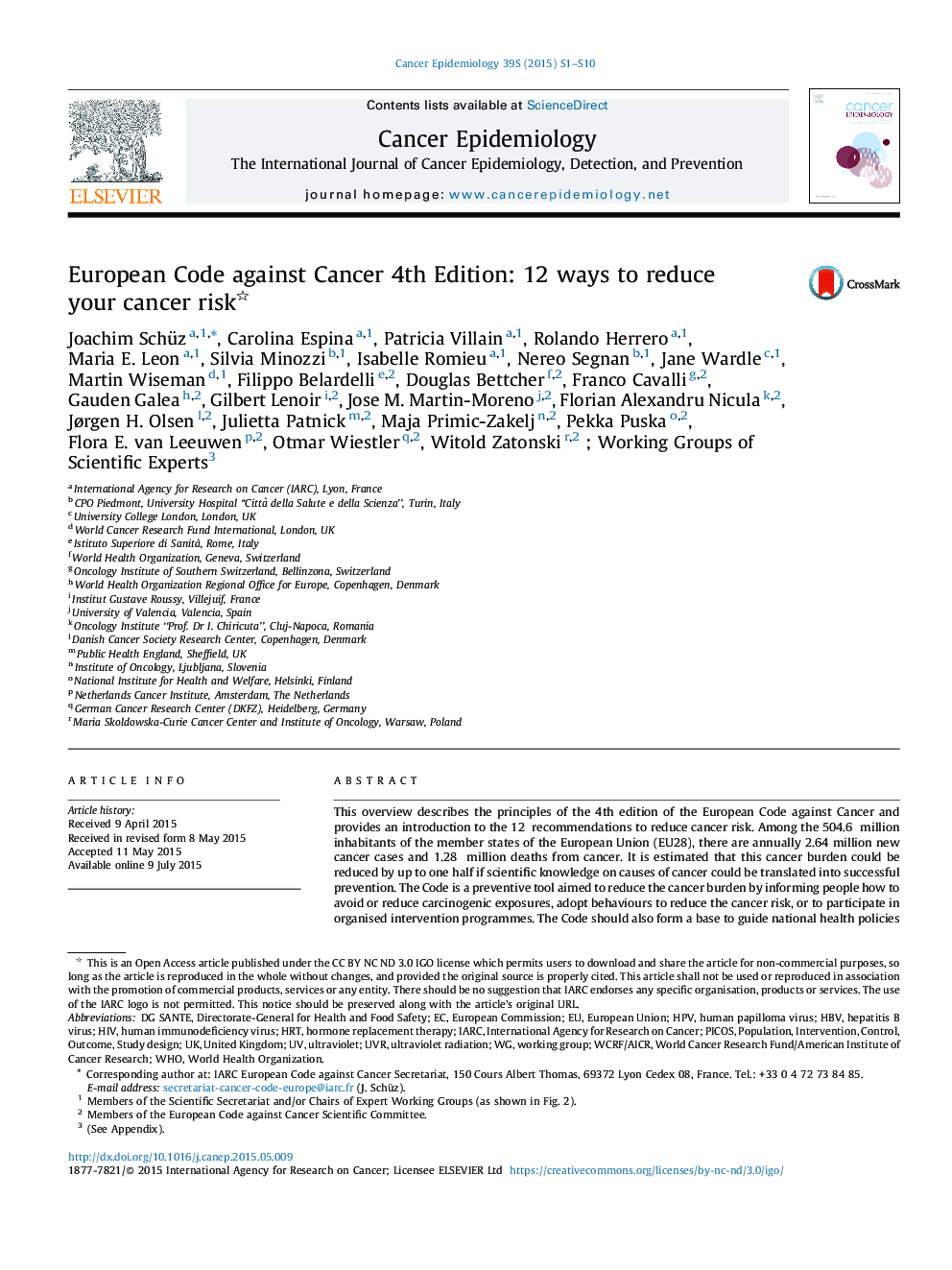 European Code against Cancer 4th Edition: 12 ways to reduce your cancer risk 
