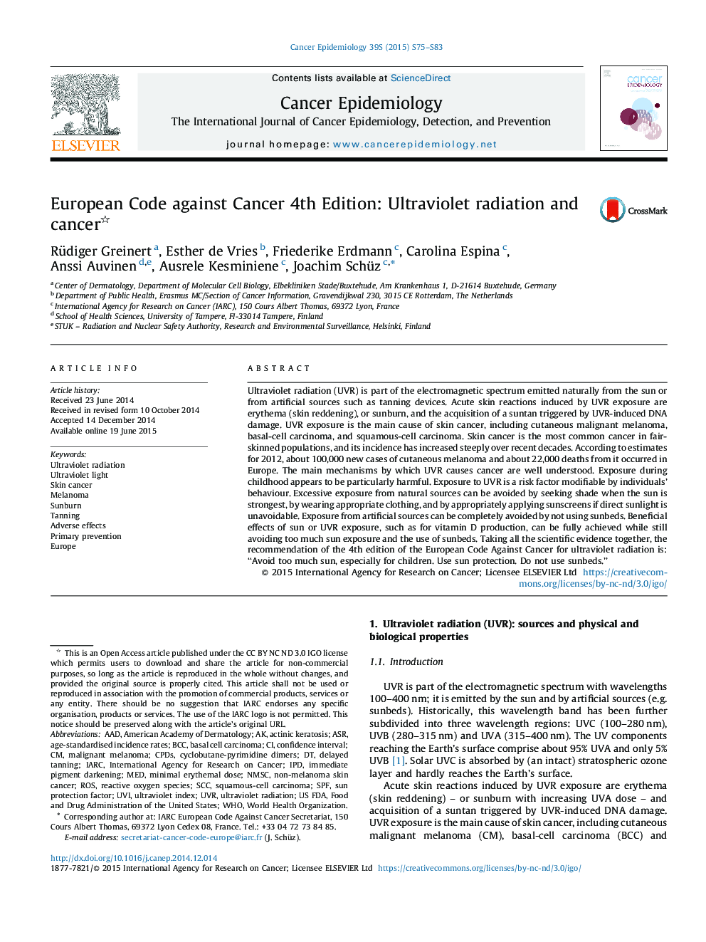 European Code against Cancer 4th Edition: Ultraviolet radiation and cancer 