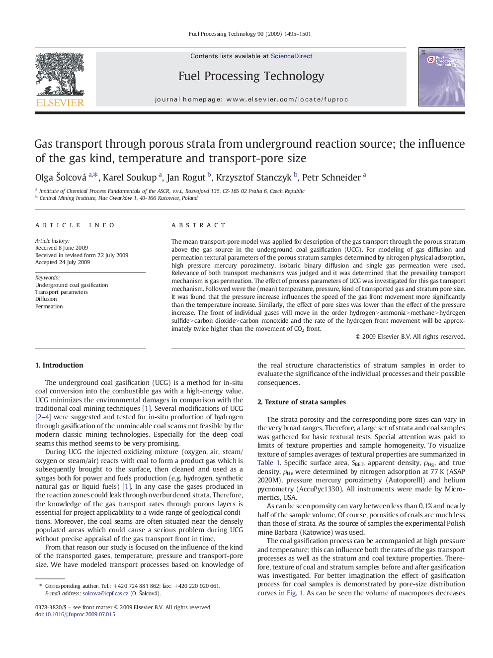 Gas transport through porous strata from underground reaction source; the influence of the gas kind, temperature and transport-pore size