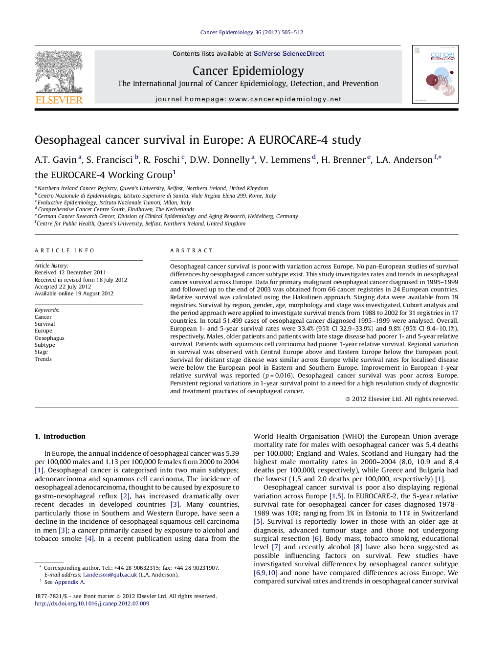 Oesophageal cancer survival in Europe: A EUROCARE-4 study