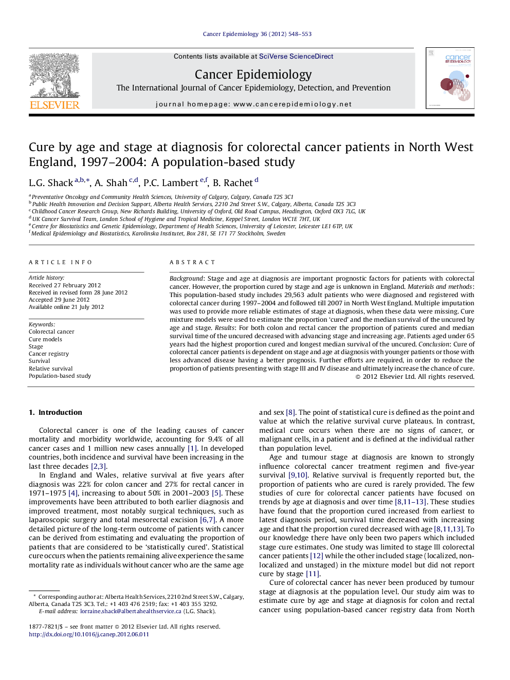 Cure by age and stage at diagnosis for colorectal cancer patients in North West England, 1997–2004: A population-based study