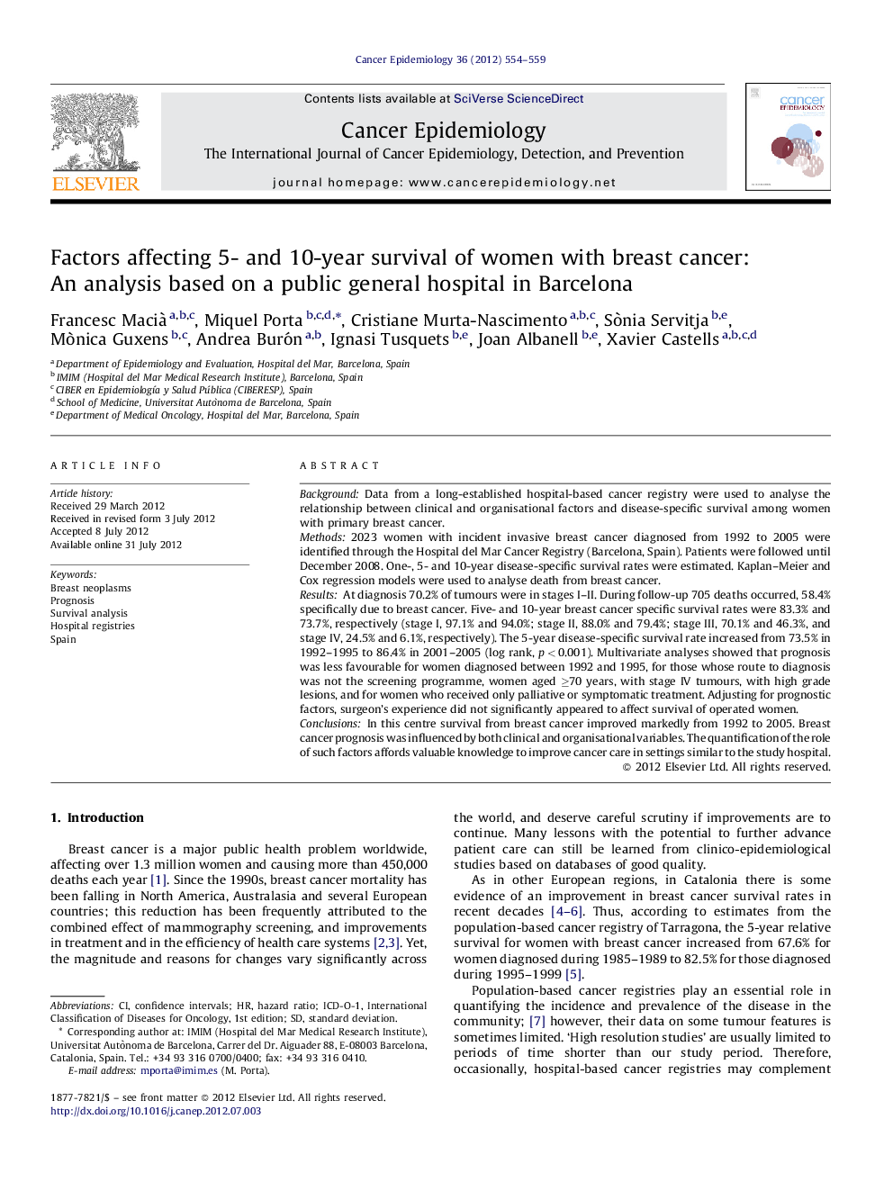 Factors affecting 5- and 10-year survival of women with breast cancer: An analysis based on a public general hospital in Barcelona