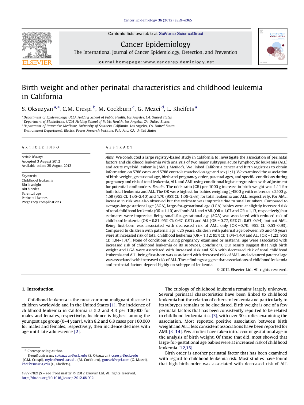 Birth weight and other perinatal characteristics and childhood leukemia in California