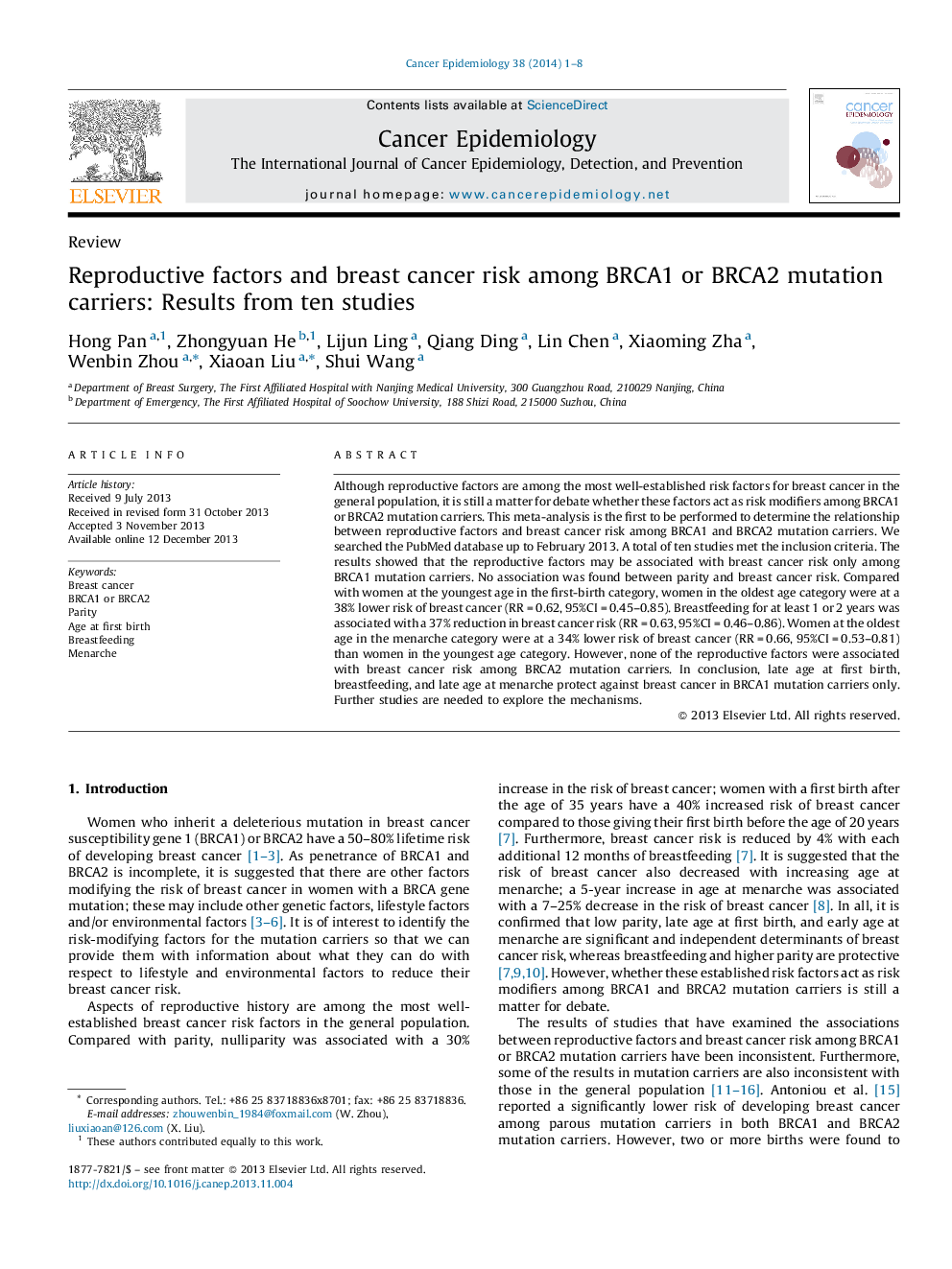 Reproductive factors and breast cancer risk among BRCA1 or BRCA2 mutation carriers: Results from ten studies