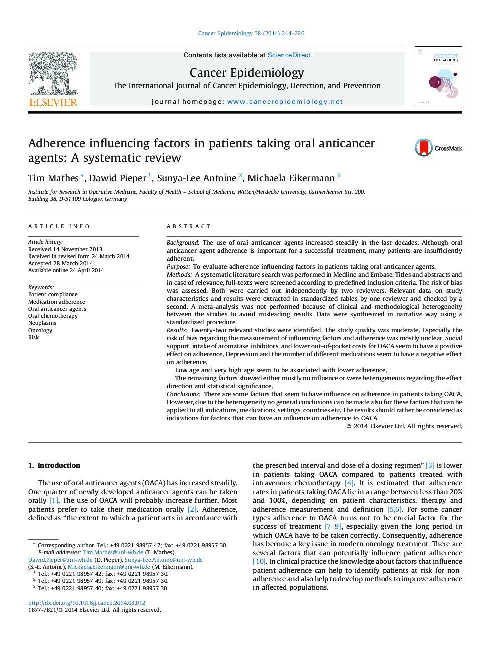 Adherence influencing factors in patients taking oral anticancer agents: A systematic review