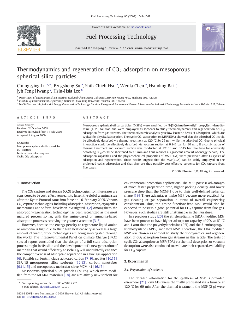 Thermodynamics and regeneration of CO2 adsorption on mesoporous spherical-silica particles