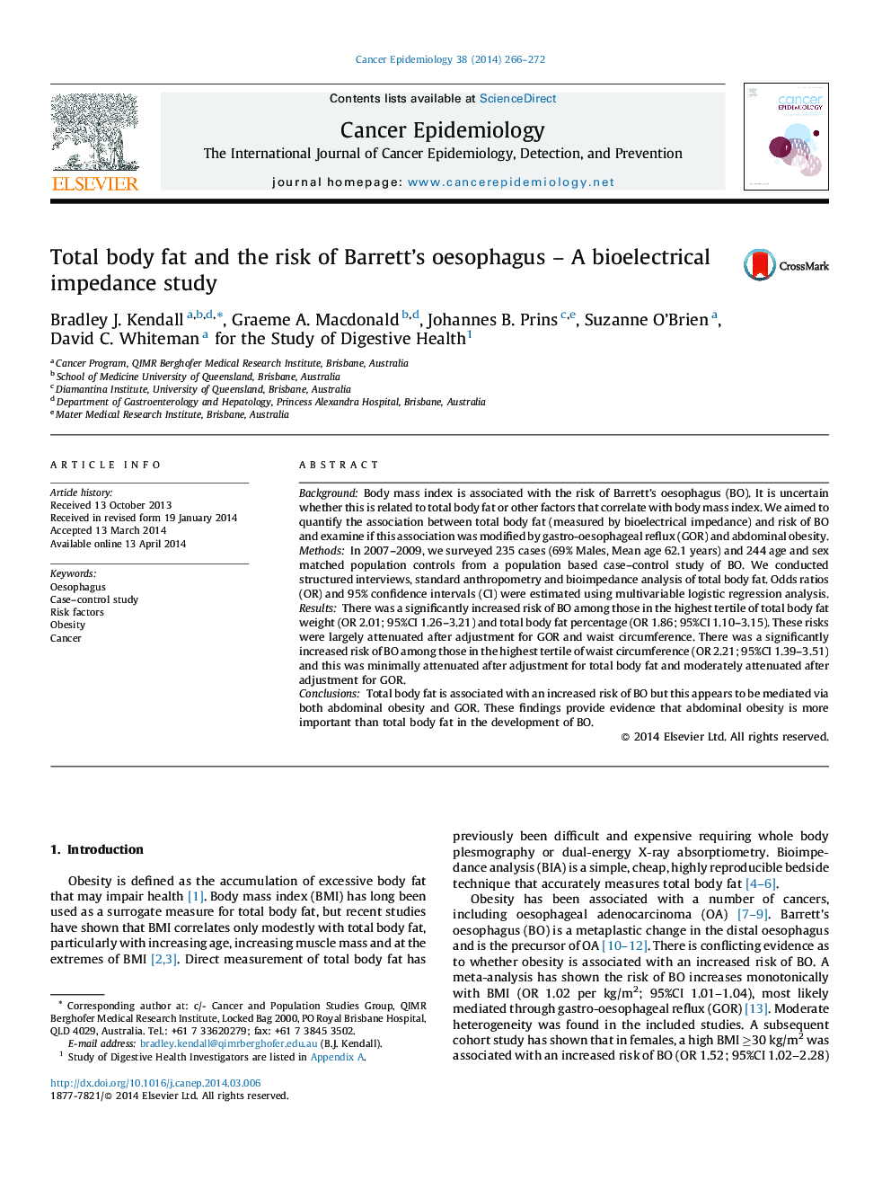 Total body fat and the risk of Barrett's oesophagus – A bioelectrical impedance study