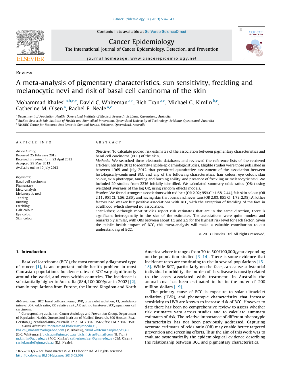 A meta-analysis of pigmentary characteristics, sun sensitivity, freckling and melanocytic nevi and risk of basal cell carcinoma of the skin